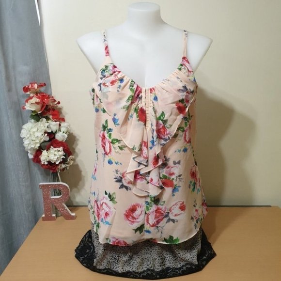 CITY CHIC Plus Size XS (AU 14) Peach V-Neck Sleeveless Top Floral Ruffle Front - Picture 4 of 12